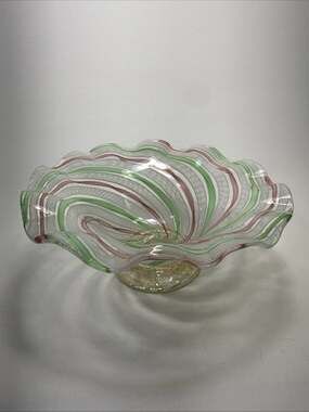 Mid 20th Century Venetian Attributed Murano Latticino green pink White Ribbons